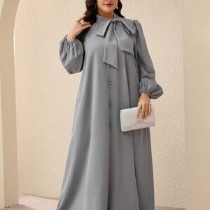 SHEIN Gray Tie-Neck Long Sleeve Maxi Dress